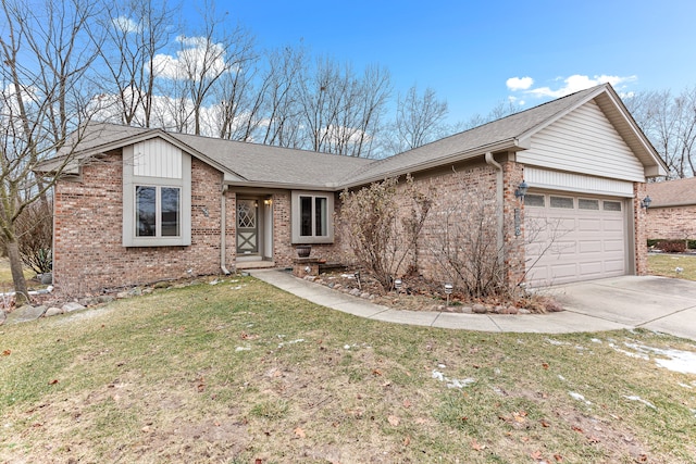 ranch-style home with a garage and a front yard