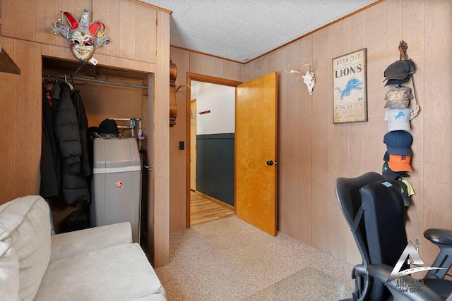 interior space featuring crown molding and wood walls