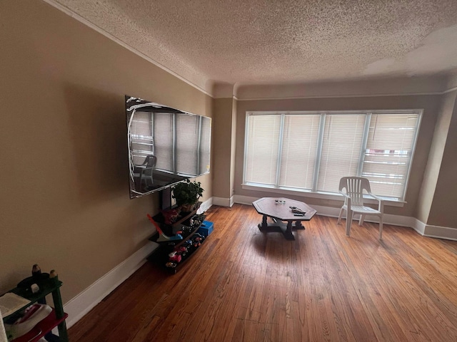 sitting room with wood-type flooring and a textured ceiling