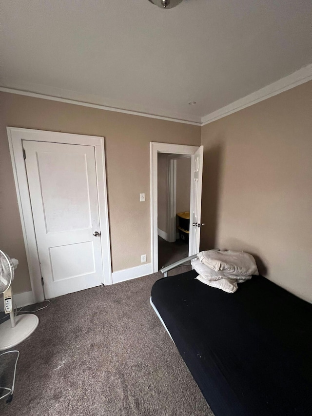 bedroom featuring carpet floors and ornamental molding