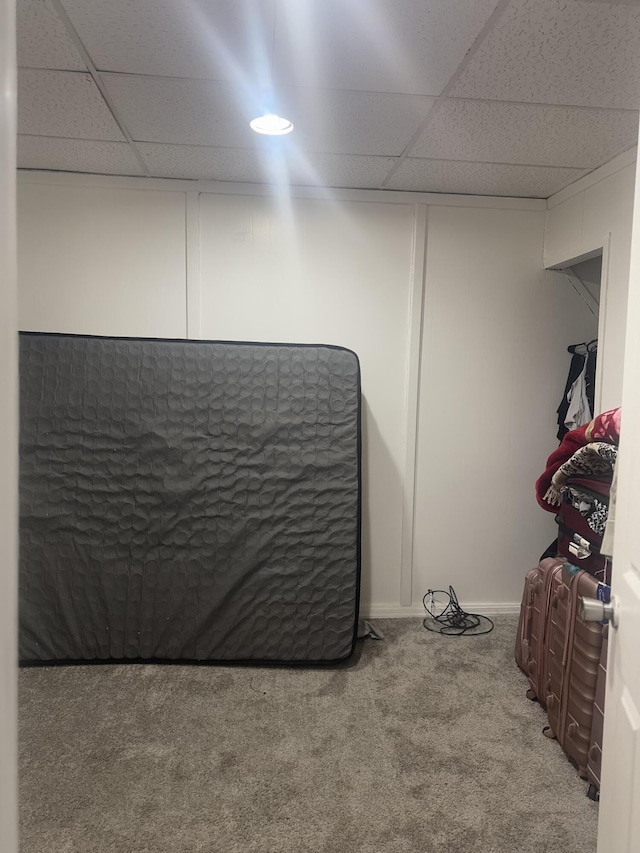 bedroom featuring carpet floors and a drop ceiling