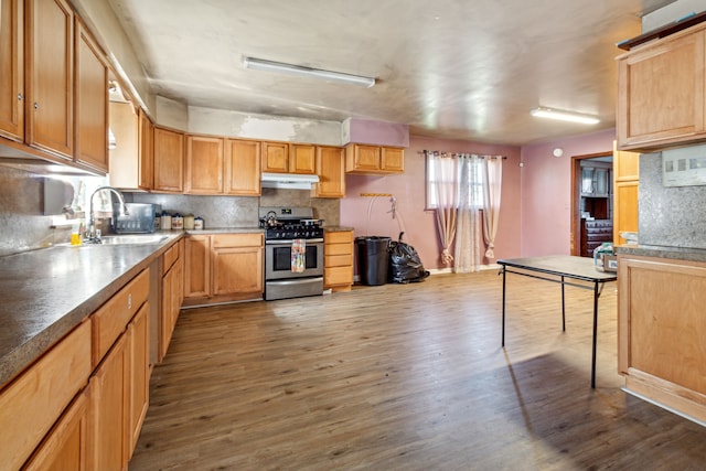 kitchen featuring sink, decorative backsplash, stainless steel gas range oven, and dark hardwood / wood-style floors