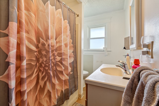 bathroom featuring vanity, a shower with curtain, toilet, and a textured ceiling