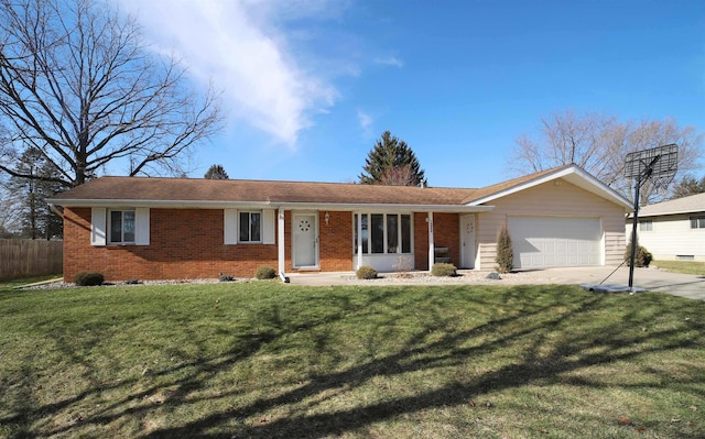 single story home with a garage and a front lawn