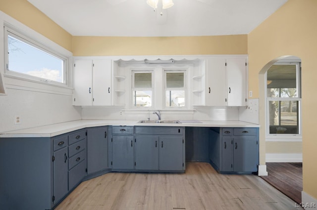 kitchen with blue cabinets, white cabinetry, and sink