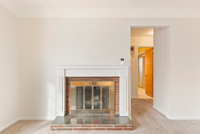 details featuring a fireplace and carpet