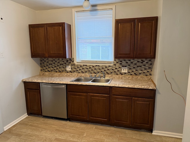 kitchen with tasteful backsplash, sink, and dishwasher