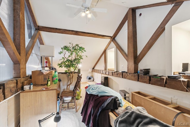 interior space featuring lofted ceiling with beams