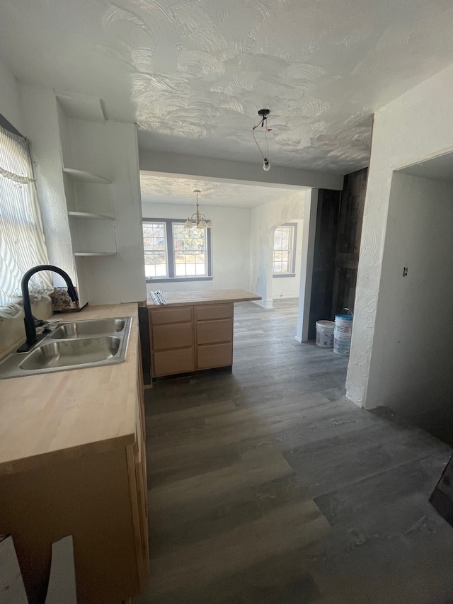 kitchen with open shelves, a peninsula, wooden counters, a sink, and dark wood finished floors