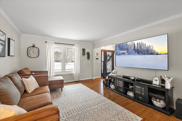 living room featuring crown molding and dark hardwood / wood-style floors