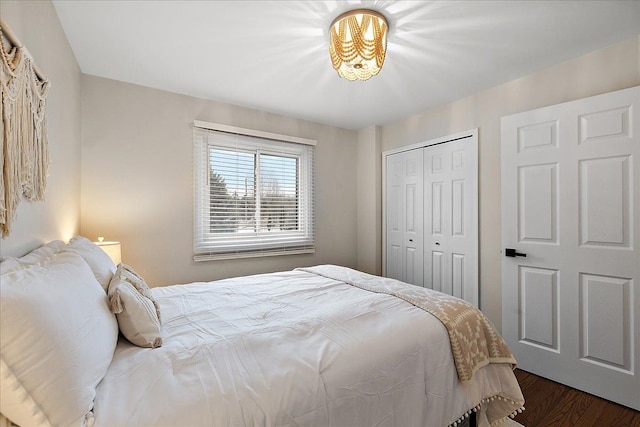 bedroom with dark wood-type flooring and a closet