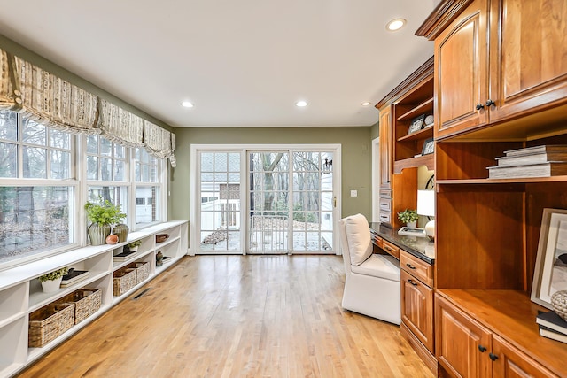 office space featuring built in desk and light hardwood / wood-style flooring