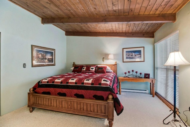 carpeted bedroom featuring beamed ceiling, wooden ceiling, and baseboard heating