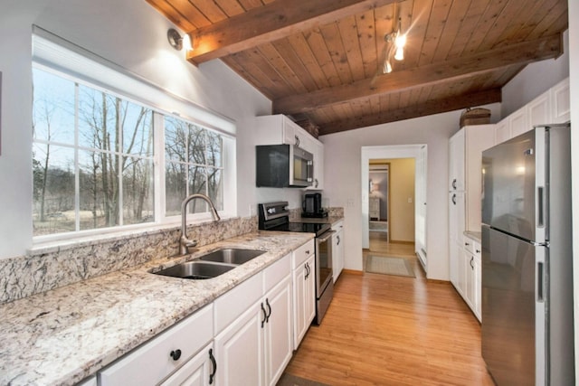 kitchen with white cabinetry, sink, light stone countertops, and appliances with stainless steel finishes