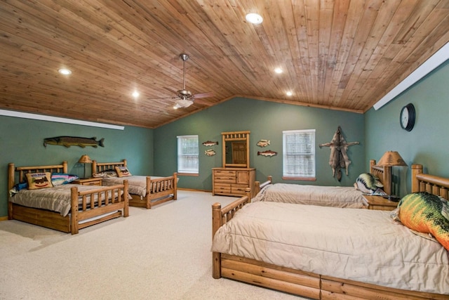 bedroom with vaulted ceiling, carpet, wooden ceiling, and ceiling fan