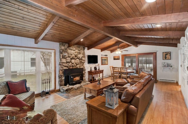 living room featuring a stone fireplace, vaulted ceiling with beams, light hardwood / wood-style flooring, wooden ceiling, and a baseboard radiator