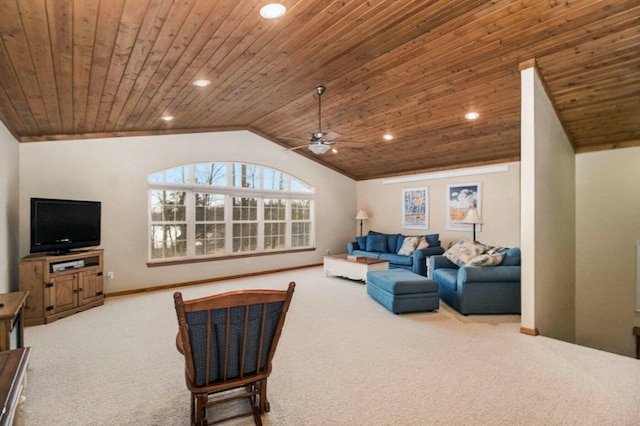 carpeted living room featuring lofted ceiling, wood ceiling, and ceiling fan