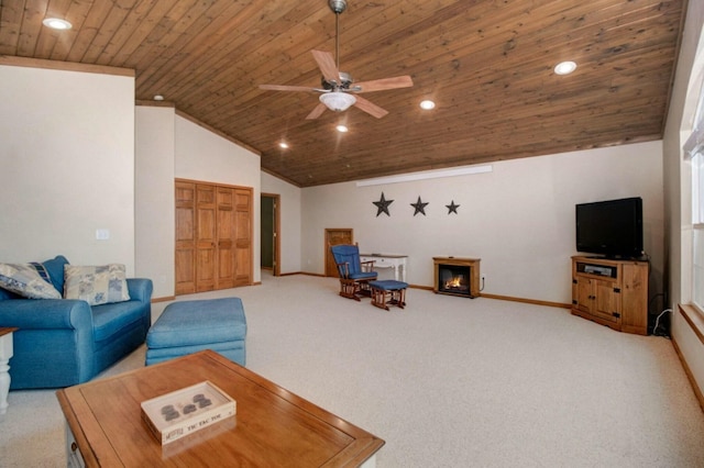 carpeted living room with high vaulted ceiling, wooden ceiling, and ceiling fan