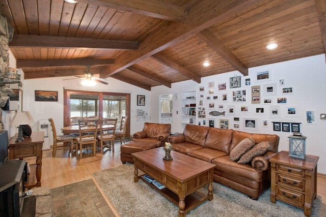 living room featuring lofted ceiling with beams, hardwood / wood-style floors, wooden ceiling, and ceiling fan