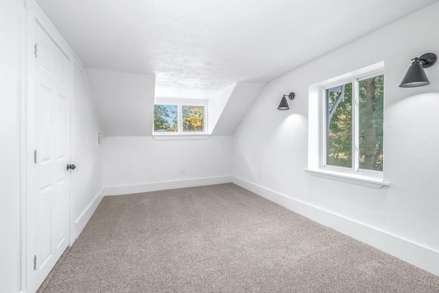 bonus room with lofted ceiling and carpet flooring