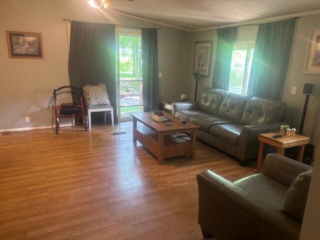 living room with wood-type flooring, a healthy amount of sunlight, and crown molding