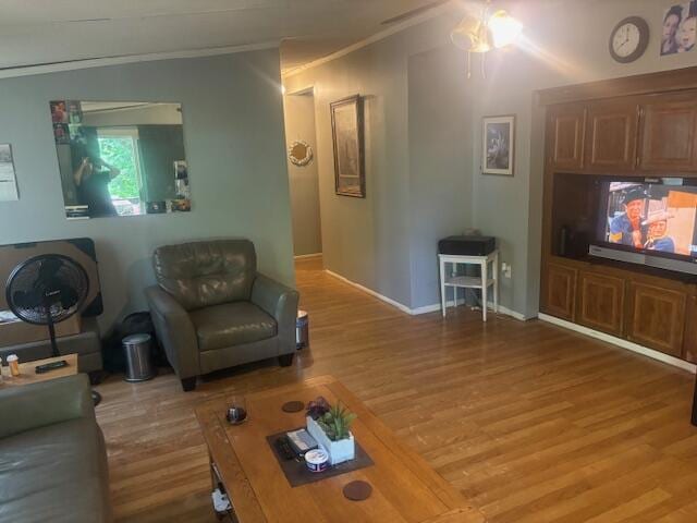 living room featuring hardwood / wood-style floors and crown molding