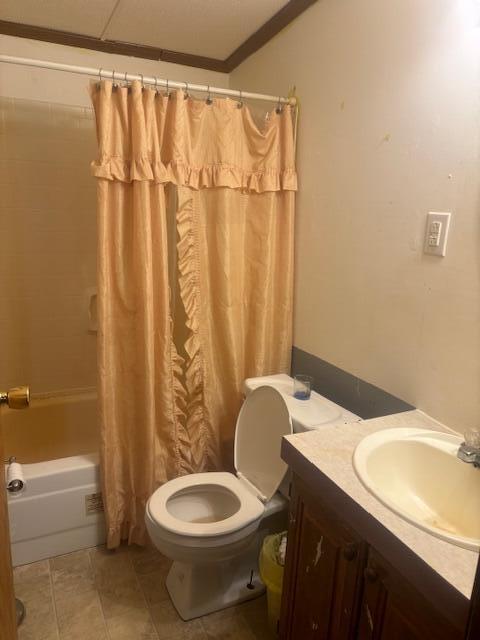 full bathroom featuring tile patterned flooring, vanity, shower / tub combo, and toilet