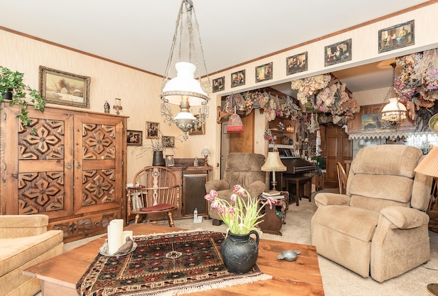 living room with ornamental molding and carpet