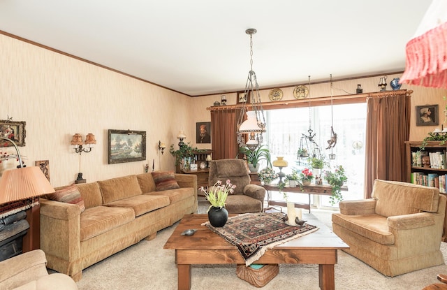 living room with crown molding and light colored carpet