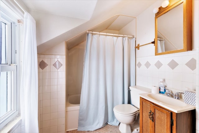 full bathroom featuring vanity, tile walls, shower / tub combo, and toilet