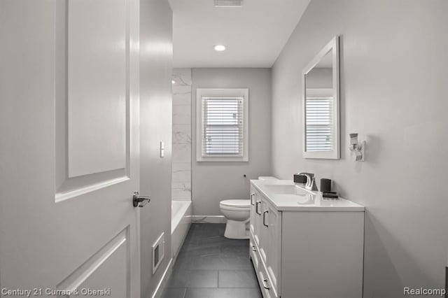 full bathroom with vanity, shower / bathtub combination, and toilet