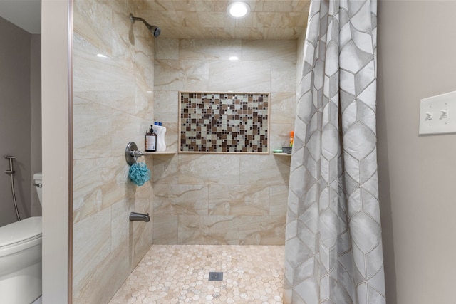 bathroom featuring toilet and a shower with shower curtain