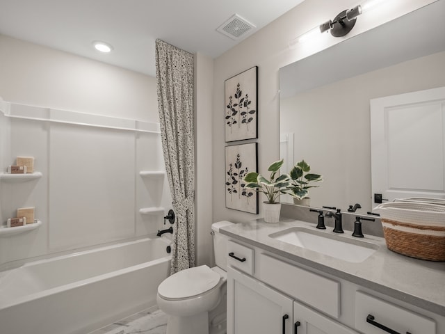 full bath with visible vents, shower / bath combo with shower curtain, toilet, marble finish floor, and vanity