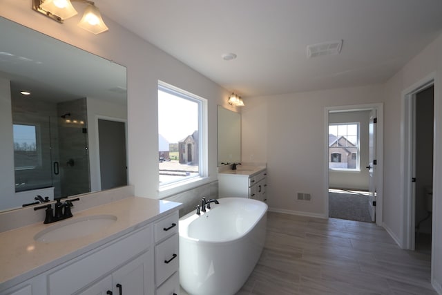 full bathroom with a sink, a freestanding bath, a stall shower, and visible vents