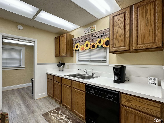 kitchen with sink, dishwasher, and light wood-type flooring