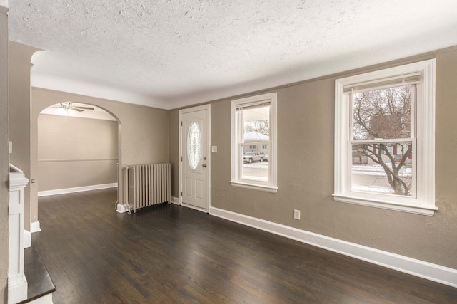 foyer entrance with radiator, a wealth of natural light, a textured ceiling, and dark hardwood / wood-style flooring