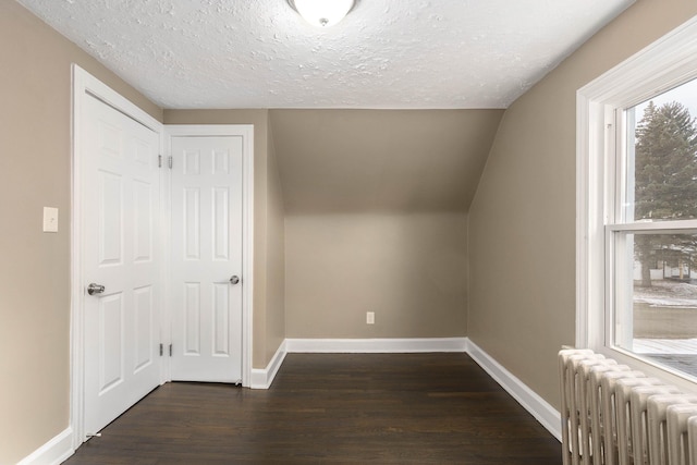 additional living space featuring radiator heating unit, dark hardwood / wood-style floors, vaulted ceiling, and a textured ceiling