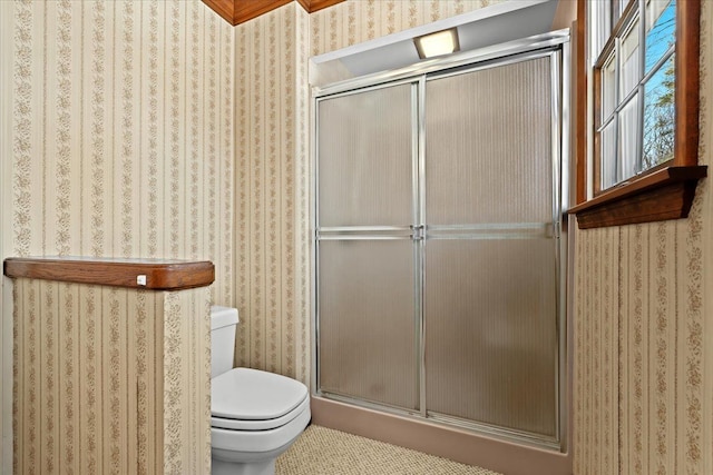 bathroom featuring a shower with shower door and toilet