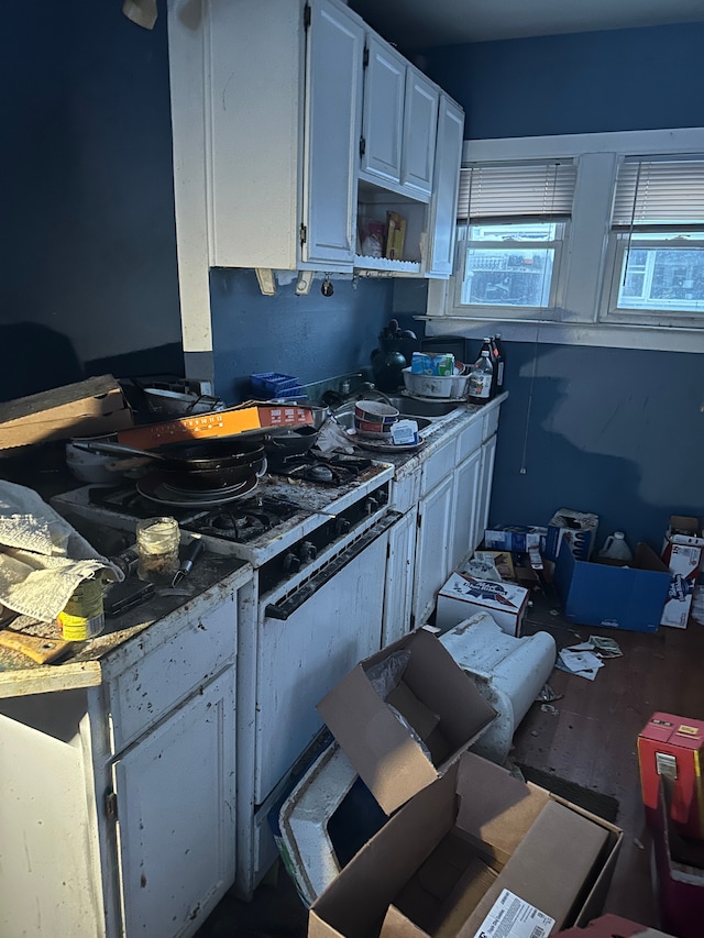 kitchen with white cabinetry, white gas range, and hardwood / wood-style floors