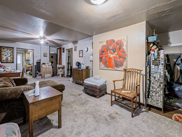 living room with light colored carpet and a textured ceiling