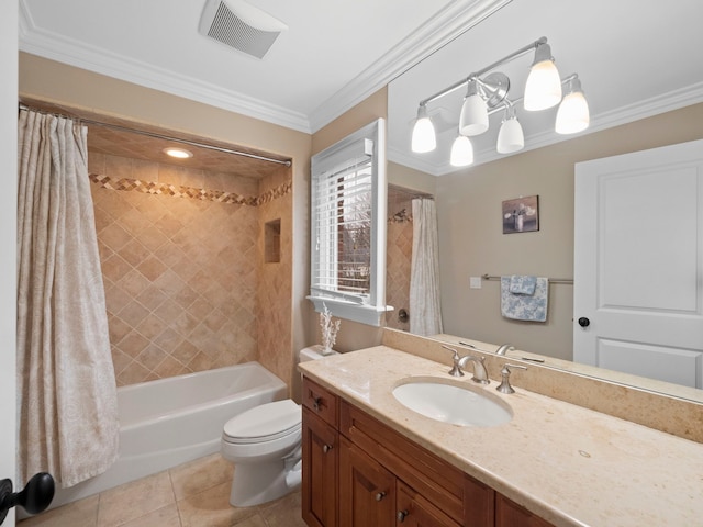 full bathroom featuring tile patterned flooring, crown molding, shower / bath combination with curtain, and toilet