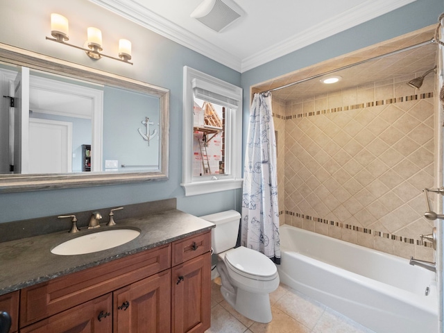 full bathroom with shower / tub combo with curtain, toilet, ornamental molding, vanity, and tile patterned flooring