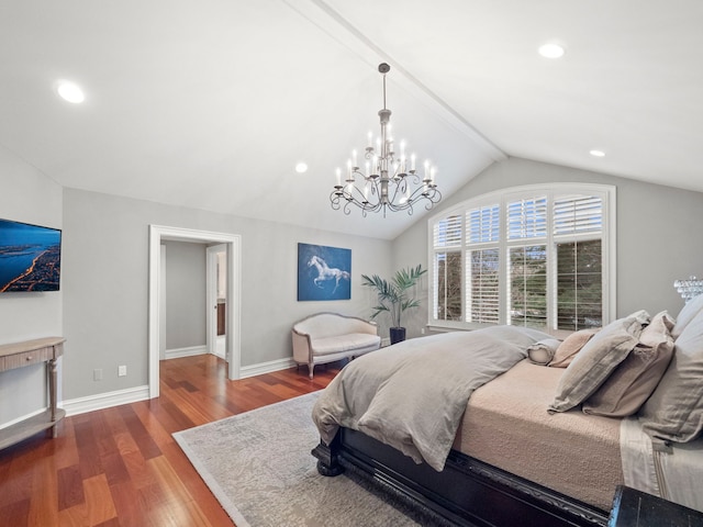 bedroom featuring dark hardwood / wood-style flooring, lofted ceiling with beams, and a notable chandelier