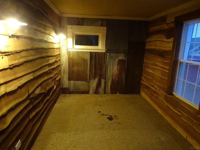 basement featuring ornamental molding and wood walls