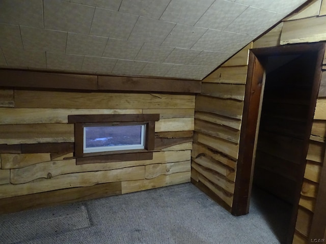 basement with carpet floors and wood walls