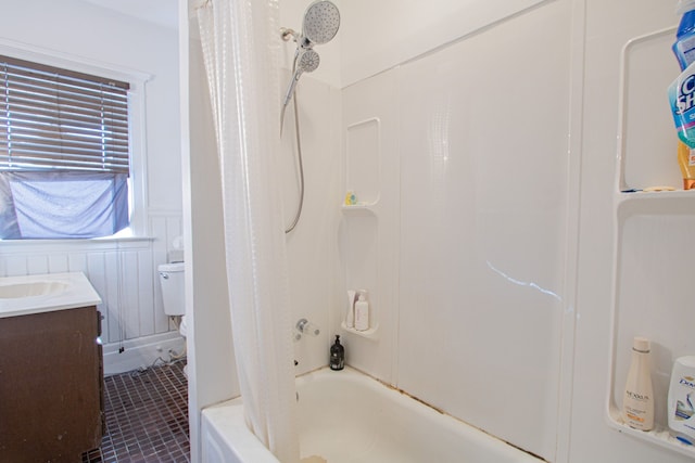 full bathroom featuring tile patterned floors, vanity, toilet, and shower / tub combo