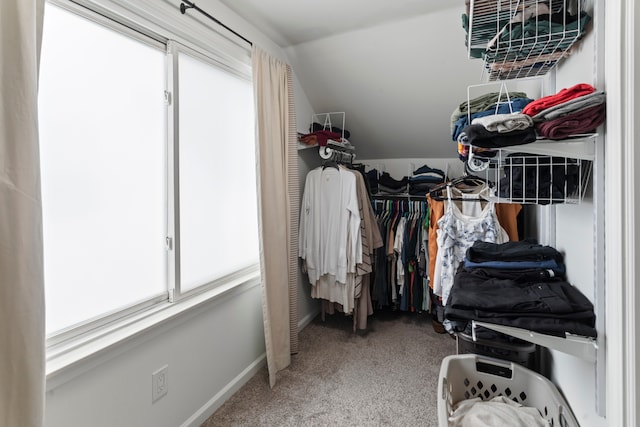 spacious closet featuring carpet floors and vaulted ceiling