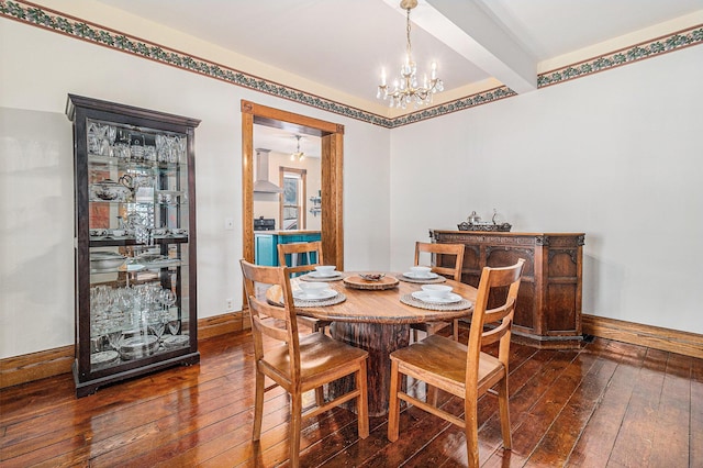 dining room with a notable chandelier, beam ceiling, and dark wood-type flooring