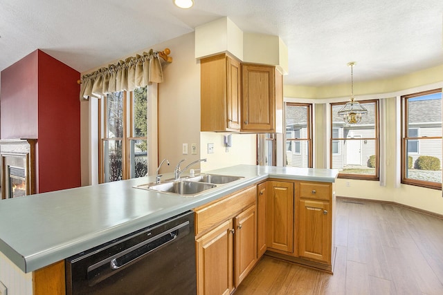 kitchen with sink, hanging light fixtures, light wood-type flooring, black dishwasher, and kitchen peninsula