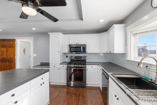 kitchen featuring sink, white cabinetry, tasteful backsplash, dark hardwood / wood-style flooring, and stainless steel appliances